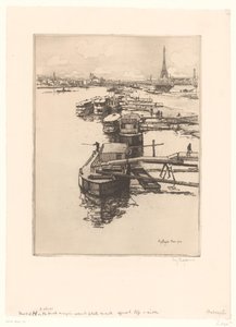 Kai mit Omnibusbooten in Paris mit dem Eiffelturm im Hintergrund von Eugène Bejot (signed by artist)