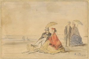 Ein Paar sitzt und ein Paar geht am Strand von Eugène Boudin
