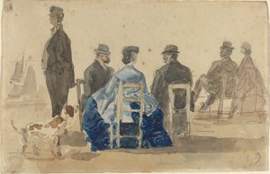 Damen und Herren am Strand mit einem Hund von Eugène Boudin