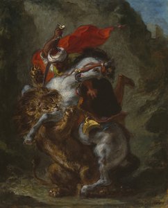 Arabischer Reiter von einem Löwen angegriffen, 1849-50
