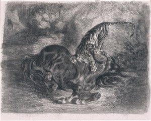 Wilder Hengst von einem Tiger niedergestreckt von Ferdinand Victor Eugene Delacroix