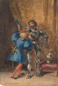 Goetz von Berlichingen wird von seinem Pagen George in Rüstung gekleidet, 1826-27 von Eugène Delacroix