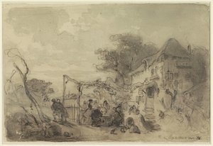 Gesellschaft auf einer Terrasse vor einem Gasthaus entlang einer Straße von Eugène François de Block