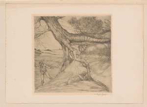 Sämann und liegende Figur mit gefalteten Händen in einer Landschaft von Eugène Joors (signed by artist)