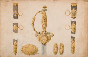 Entwurf für ein Schwertgriff, Scheide und Gürtelbeschläge, ca. 1840-50 von Eugène Julienne.