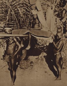 Häuptling eines afrikanischen Pygmäenstammes wird auf einer Sänfte getragen (s/w Foto) von European Photographer