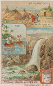 Ein Wasserfall des Kabul-Flusses mit Fischern und einem nomadischen Stammesdorf in Helmand von European School