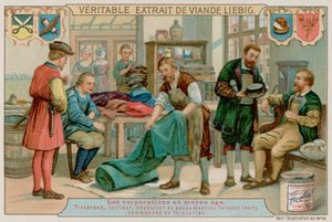 Ein Weber, Schneider, Hutmacher und Bortenmacher geben ihre Aufträge an einen Färber von European School