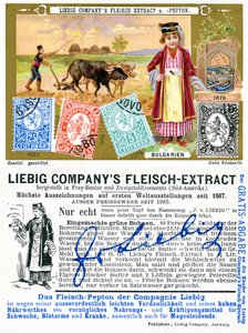 Bulgarische Briefmarken, Vorder- und Rückseite einer Liebig-Werbekarte, 1897 von European School