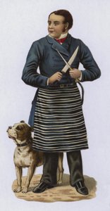 Metzger, der ein Messer schärft, mit Hund