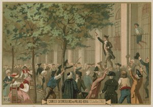 Camille Desmoulins ruft vor dem Palais Royal in Paris zum bewaffneten Kampf auf, Französische Revolution, 12. Juli 1789 von European School