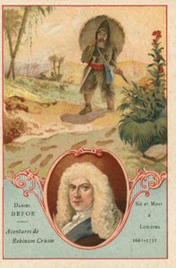 Daniel Defoe, englischer Romanautor, und eine Szene aus Robinson Crusoe