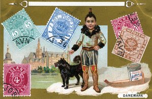 Dänische und isländische Briefmarken mit einem Inuit-Kind und seinem Hund, 1897 von European School