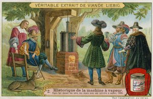 Denis Papin führt Versuche mit seiner Kolbendampfmaschine vor seinen Freunden durch, Marburg, Deutschland, 1690
