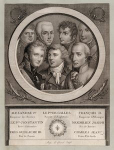 Europäische Könige des frühen 19. Jahrhunderts: Zar Alexander I. von Russland; George, Prinz von Wales, Regent von König George III.; Franz II., Heiliger Römischer Kaiser; Großherzog Konstantin Pawlowitsch von Russland; Maximilian Joseph, König von Bayern  von European School