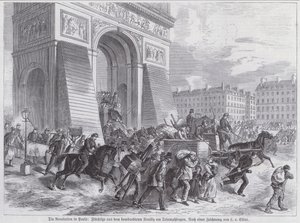 Flüchtlinge vor dem Bombardement der französischen Armee auf Neuilly passieren den Arc de Triomphe, Pariser Kommune, April 1871 von European School