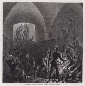 Deutsche Soldaten bedienen sich im Weinkeller der Kathedrale von Thionville, Frankreich, Deutsch-Französischer Krieg von European School