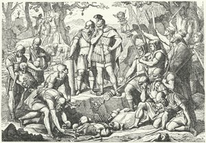 Germanicus begräbt die Knochen der Soldaten der drei römischen Legionen, die von Publius Quinctilius Varus in der Schlacht im Teutoburger Wald im Jahr 9 n. Chr. von den Germanen zerstört wurden von European School