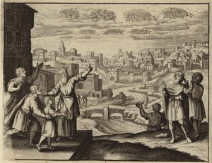 Goldbekleidete Kavallerie in der Luft über Jerusalem (Gravur) von European School