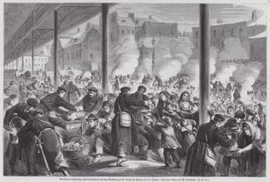 Hungrige Pariser betteln um Essen bei deutschen Soldaten auf dem Marktplatz von St. Denis nach dem Ende der Belagerung von Paris von European School