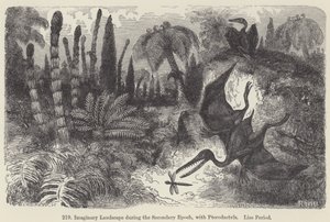 Imaginäre Landschaft während der Sekundärzeit, mit Pterodaktylen, Lias-Periode von European School