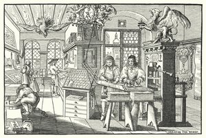 Innenansicht einer Buchdruckerwerkstatt, ca. 1676 (Stich) von European School