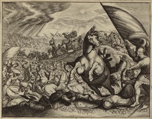 Israeliten besiegen die Amoriter-Armee, nachdem Josua Sonne und Mond befohlen hat, stillzustehen (Stich)