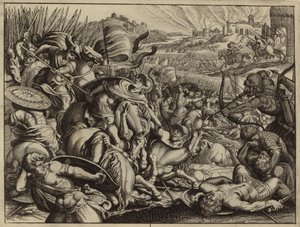 Israeliten besiegen die Benjaminiten und verbrennen ihre Stadt (Gravur) von European School