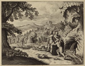 Jakob rollt den Stein vom Brunnenmund, um die Schafe Labans zu tränken (Gravur) von European School
