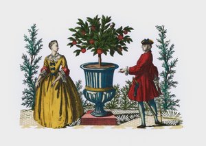 Mann und Frau in Kleidung des 18. Jahrhunderts in einem Garten von European School