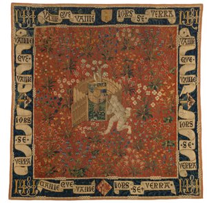 Mille fleurs Wandteppich, der Grün, Wappen und einen wilden Mann darstellt, ca. 1500 (Wolle)