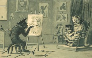 Affe malt ein Porträt einer Katze und eines Kätzchens von European School