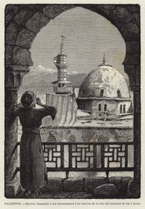 Palästina, Muezzin ruft die Muslime zum Gebet vom Minarett von Isa oder Jesus von European School