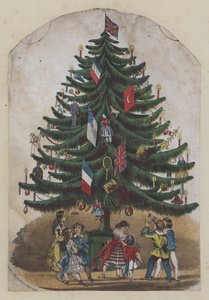 Menschen unter einem Weihnachtsbaum, Grußkarte von European School