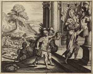 Philister legen den Kopf Sauls in den Tempel ihres Gottes Dagon (Stich) von European School
