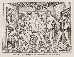 Szene in einem Frauenhaus, einem spätmittelalterlichen deutschen Bordell