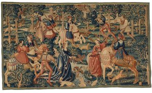 Wandteppich mit Falknern, die Wasservögel jagen von European School