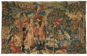 Wandteppich, der eine pastorale Szene mit Obsternte darstellt, oder Der Seigneur in seinem Park oder Ländliche Allianz und Obsternte, um 1500 (Wolle & Seide) von European School