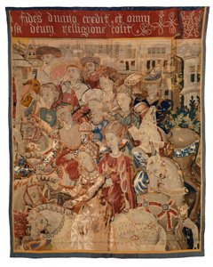 Wandteppichfragment mit Damen und Herren zu Pferd, oder Paris kehrt mit Helena zurück, oder Die Rückkehr von der Kampagne von European School