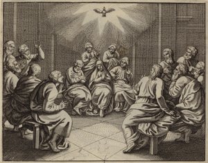 Der Heilige Geist kommt zu den zwölf Aposteln am Pfingsttag (Gravur) von European School