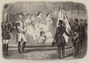 Die Kriegspräsentation an die Kaiserin-Regentin Eugenie einer in Magenta erbeuteten österreichischen Flagge (Stich) von European School
