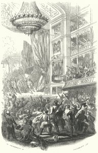 Der Beginn der belgischen Revolution: Aufführung von Daniel Aubers Oper La Muette de Porcini im Théâtre de la Monnaie in Brüssel, 25. August 1830 (Gravur) von European School