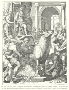 Der bronzene Stier: Folter- und Hinrichtungsinstrument durch Feuer, verwendet vom antiken griechischen Tyrannen Phalaris von Akragas (Agrigent), Sizilien von European School