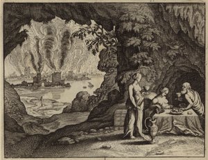 Die Verbrennung von Sodom und Lots Töchter machen ihn betrunken, um Kinder von ihm zu bekommen (Gravur) von European School