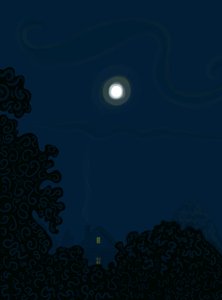 Haus mit Giebel und Mond bei Nacht, Schatten der Bäume von Evan Sklar