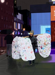 Mann sammelt Dosen bei Nacht, 2025 von Evan Sklar