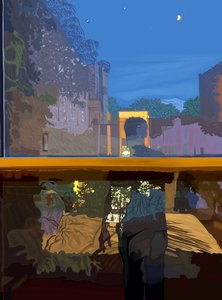 Mann im Schlafzimmerfenster bei Nacht reflektiert