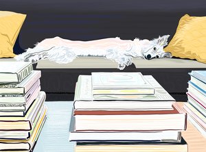 Minnie auf Couch mit Büchern von Evan Sklar