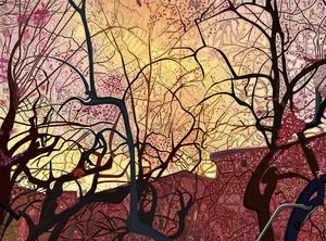 Oranger Himmel, Gebäude und Bäume im Frühling von Evan Sklar
