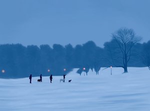 Menschen und Hunde im Schnee im Prospect Park von Evan Sklar